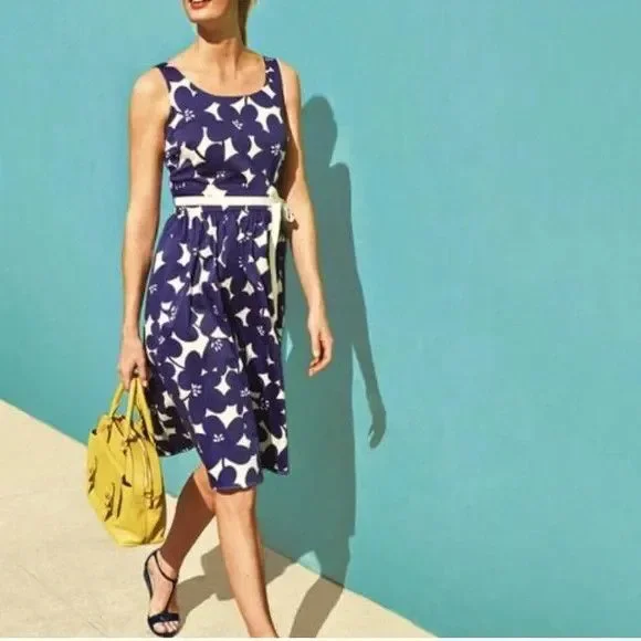 Boden Marilyn Dress 10 Blue Floral Sleeveless Scoop Neck Fit Flare Knee Length - Picture 1 of 9
